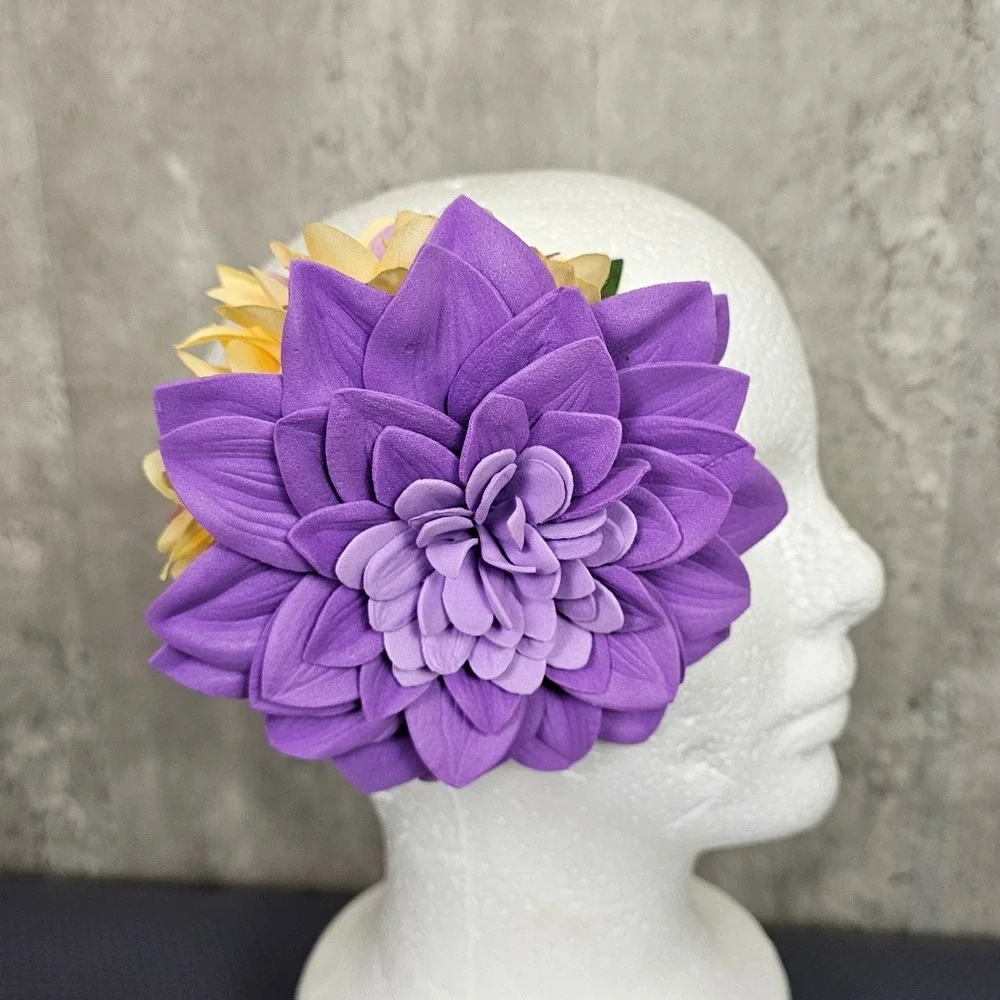 Floral Hair Clip Purple Yellow Dahlia Flower Fascinator Wedding Races‎ Tiki VLV